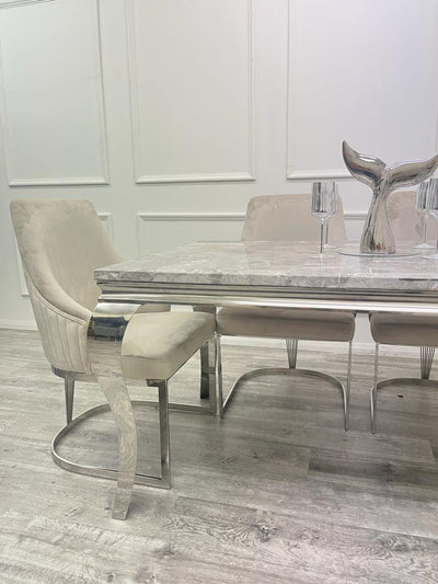 Louis Marble & Chrome Dining Table With Carlton Beige/Chrome Velvet Chairs