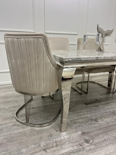 Louis Marble & Chrome Dining Table With Carlton Beige/Chrome Velvet Chairs