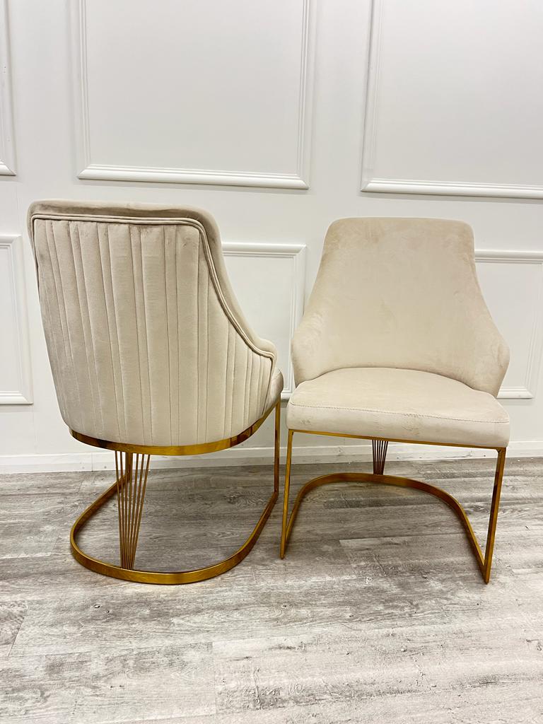 Louis Gold Marble Dining Table With Carlton Cream/Gold Velvet Dining Chairs