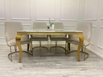 Louis Gold Marble Dining Table With Carlton Cream/Gold Velvet Dining Chairs