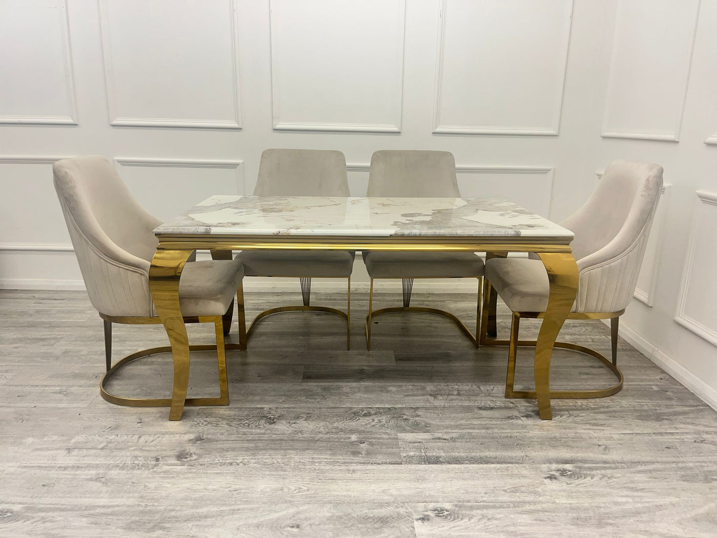 Louis Gold Marble Dining Table With Carlton Cream/Gold Velvet Dining Chairs