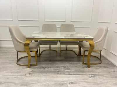 Louis Gold Marble Dining Table With Carlton Cream/Gold Velvet Dining Chairs