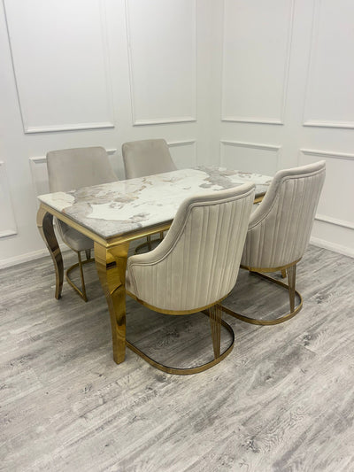 Louis Gold Marble Dining Table With Carlton Cream/Gold Velvet Dining Chairs