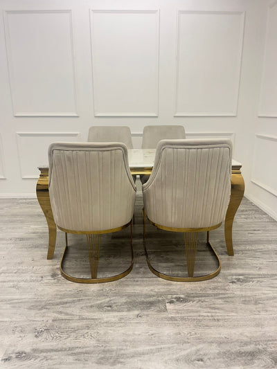Arianna 180cm Gold Marble Dining Table With Carlton Cream/Gold Velvet Dining Chairs