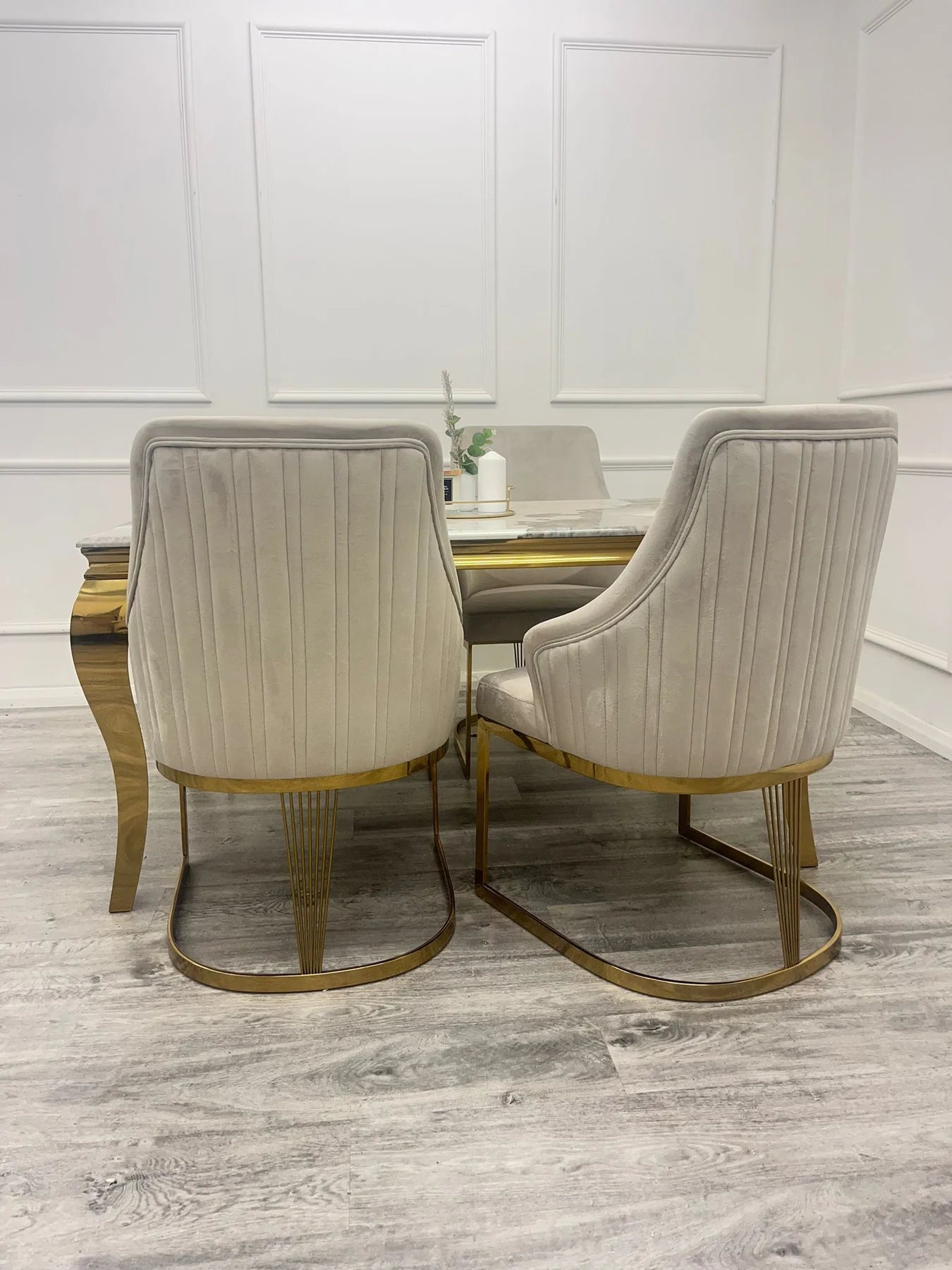 Louis Marble & Gold Dining Table With Carlton Cream/Gold Velvet Chairs