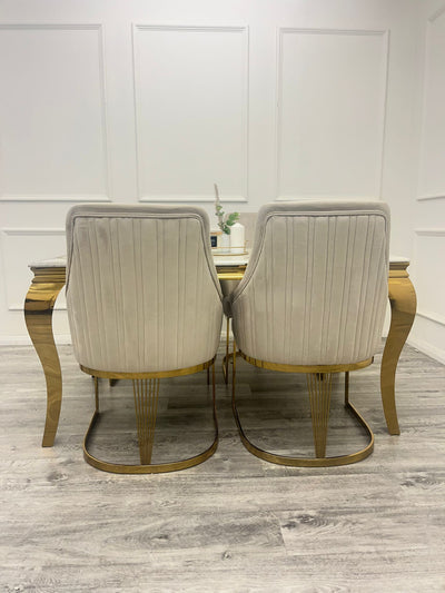 Louis Gold Marble Dining Table With Carlton Cream/Gold Velvet Dining Chairs
