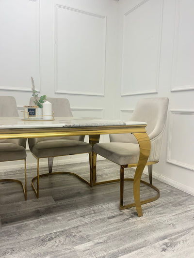 Louis Gold Marble Dining Table With Carlton Cream/Gold Velvet Dining Chairs