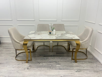 Louis Gold Marble Dining Table With Carlton Cream/Gold Velvet Dining Chairs