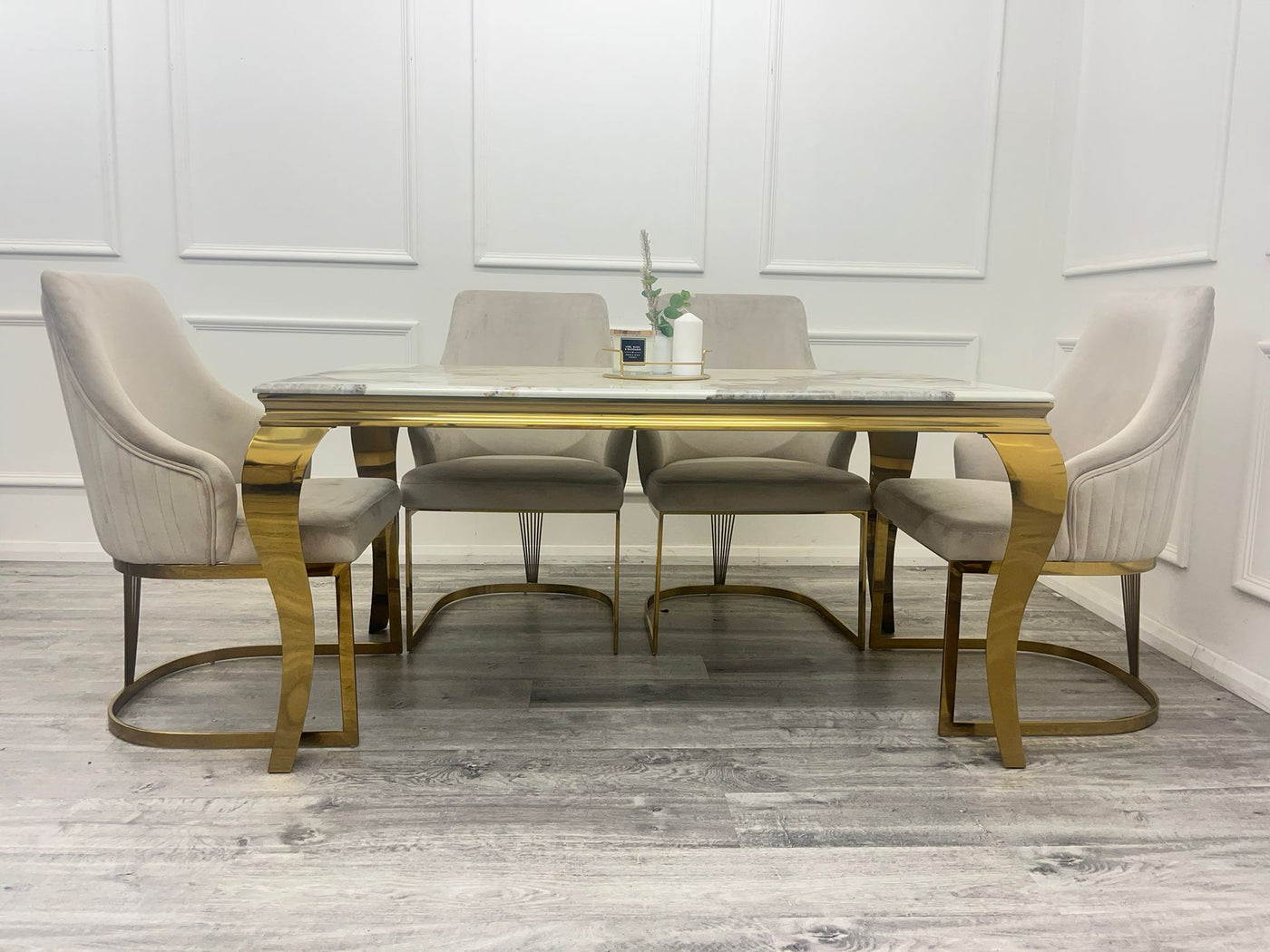 Louis Gold Marble Dining Table With Carlton Cream/Gold Velvet Dining Chairs