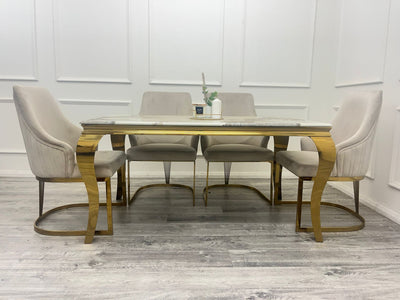 Arianna 180cm Gold Marble Dining Table With Carlton Cream/Gold Velvet Dining Chairs