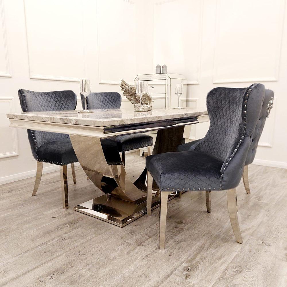 Arial Marble & Chrome Dining Table With Valentino Lion Knocker Velvet Chairs