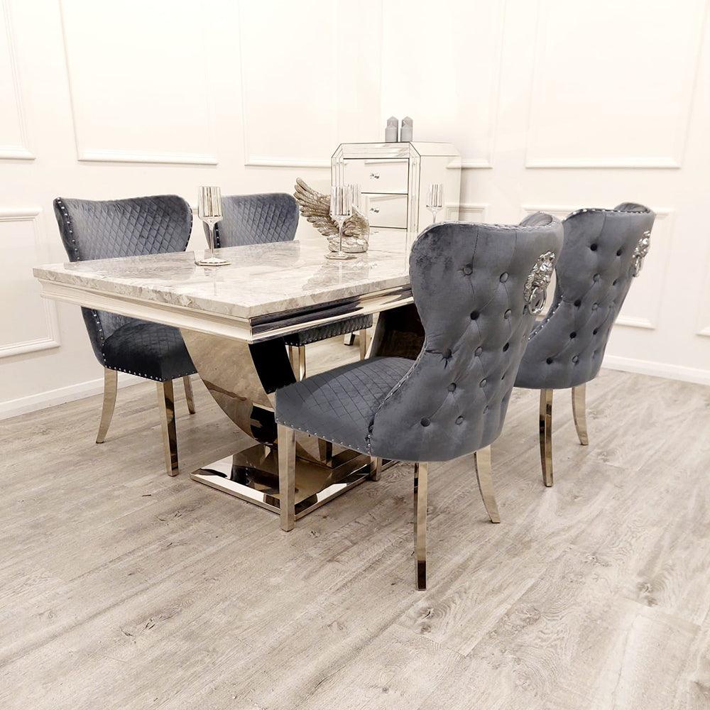 Arial Marble & Chrome Dining Table With Valentino Lion Knocker Velvet Chairs