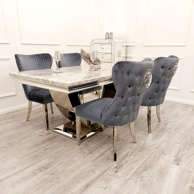 Arial Marble & Chrome Dining Table With Valentino Lion Knocker Velvet Chairs