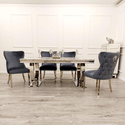 Arianna Marble & Chrome Dining Table With Valentino Lion Knocker Velvet Chairs
