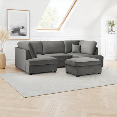 Carnaby Sofa Plush Grey Velvet U Shape Corner Sofa