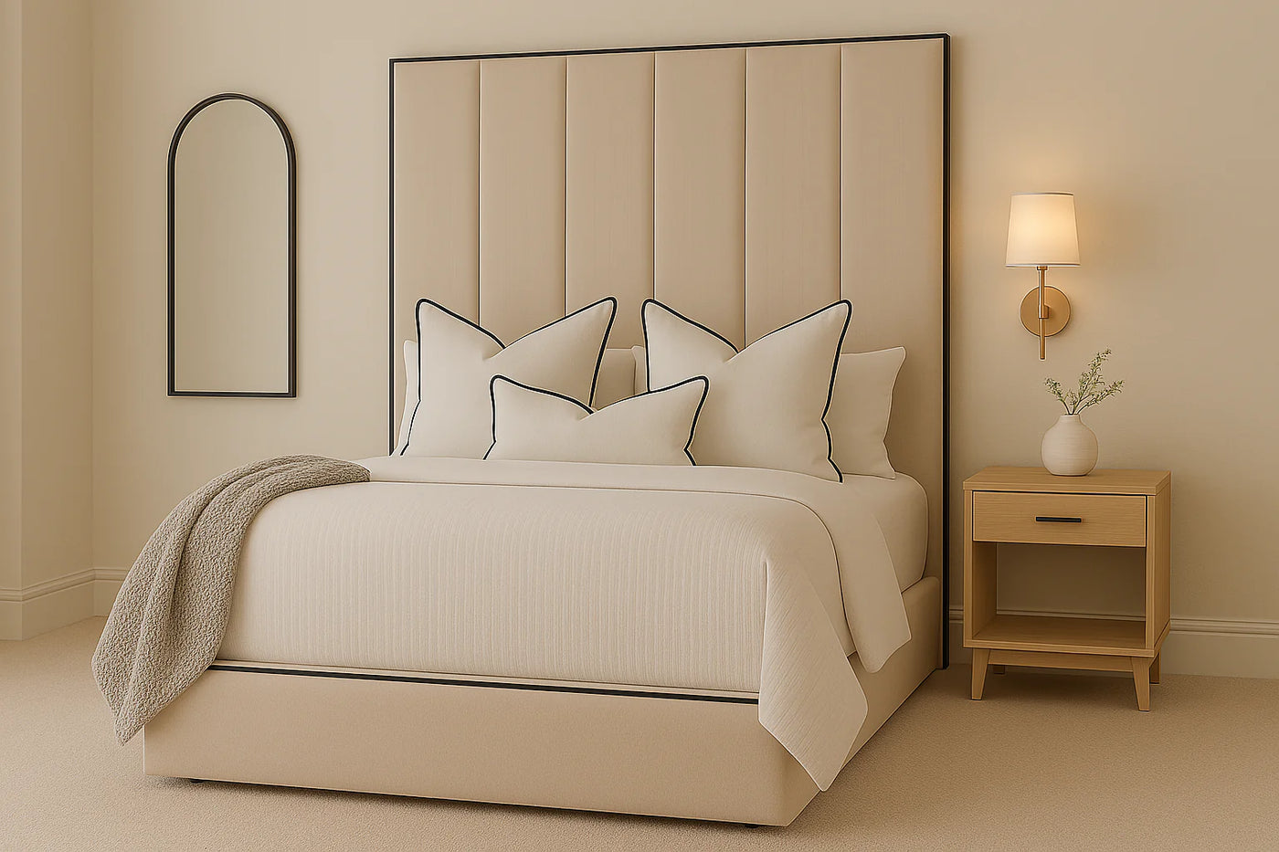 Luxe Luxury Panelled Bed With Contrast Black Piping