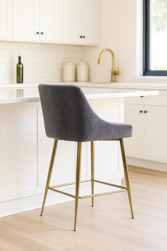 Milano Dark Grey Ribbed Velvet Bar Stools Gold Legs