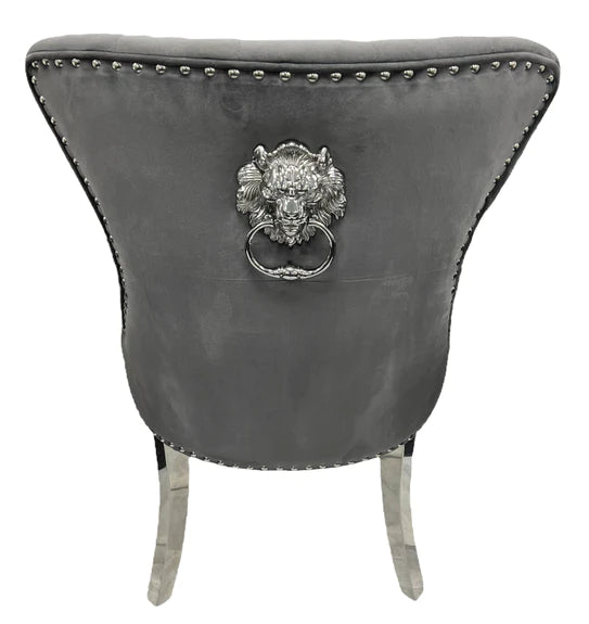 Louis 120cm Marble & Chrome Dining Table With Grey Lion Knocker Velvet Chairs & Bench