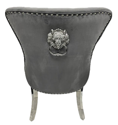 Louis 120cm Marble & Chrome Dining Table With Grey Lion Knocker Velvet Chairs & Bench