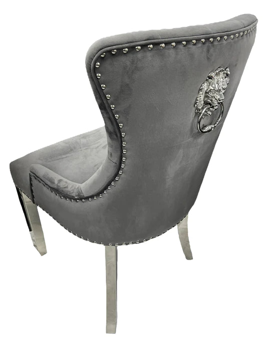 Louis 130cm Grey Marble Round Dining Table + Grey Lion Knocker Chairs