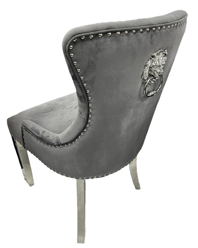 Louis 130cm Grey Marble Round Dining Table + Grey Lion Knocker Chairs
