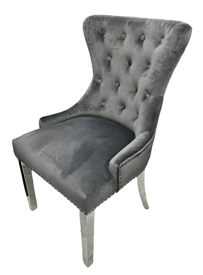 Louis 130cm Grey Marble Round Dining Table + Grey Lion Knocker Chairs