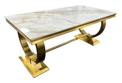 Arianna Marble & Gold Dining Table With Lucy Slim Quilted Gold Ring Knocker Velvet Chairs