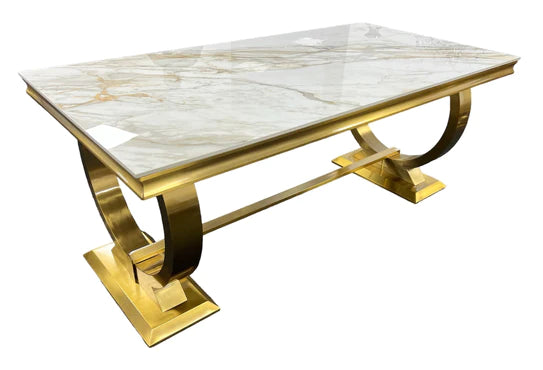 Arianna 180CM Gold Ceramic Marble Dining Table + Gold Lion Knocker Dining Chairs