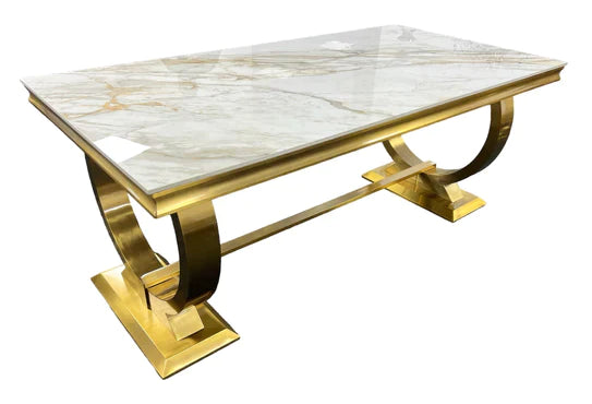 Arianna 200CM Gold Marble Dining Table + Gold Lion Knocker Dining Chairs