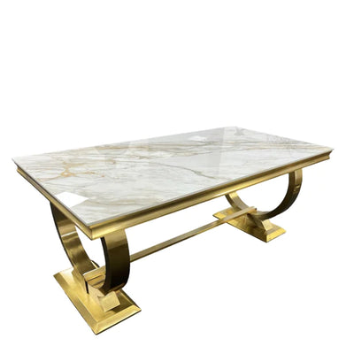 Arianna Marble & Gold Dining Table With Lucy Slim Quilted Gold Ring Knocker Velvet Chairs