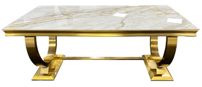 Arianna Marble & Gold Dining Table With Lucy Slim Quilted Gold Ring Knocker Velvet Chairs