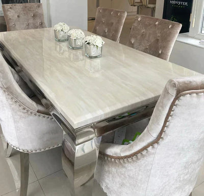 Louis Marble & Chrome Dining Table With Shimmer Valente Lion Knocker Chairs