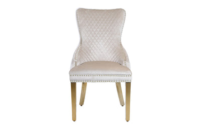 Louis Gold Marble Dining Table With Shimmer Cream Gold Lion Knocker Dining Chairs