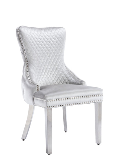 Victoria Shimmer Grey Chrome Lion Knocker Button Back Plush Velvet Dining Chair Chrome Legs