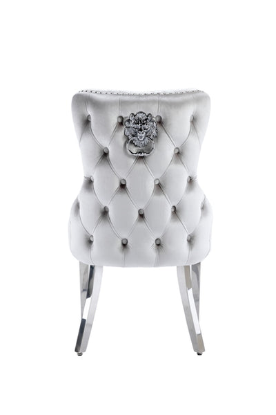 Victoria Shimmer Grey Chrome Lion Knocker Button Back Plush Velvet Dining Chair Chrome Legs