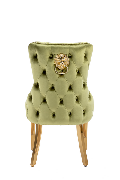 Victoria Green Gold Lion Knocker Button Back Plush Velvet Dining Chair Gold Legs