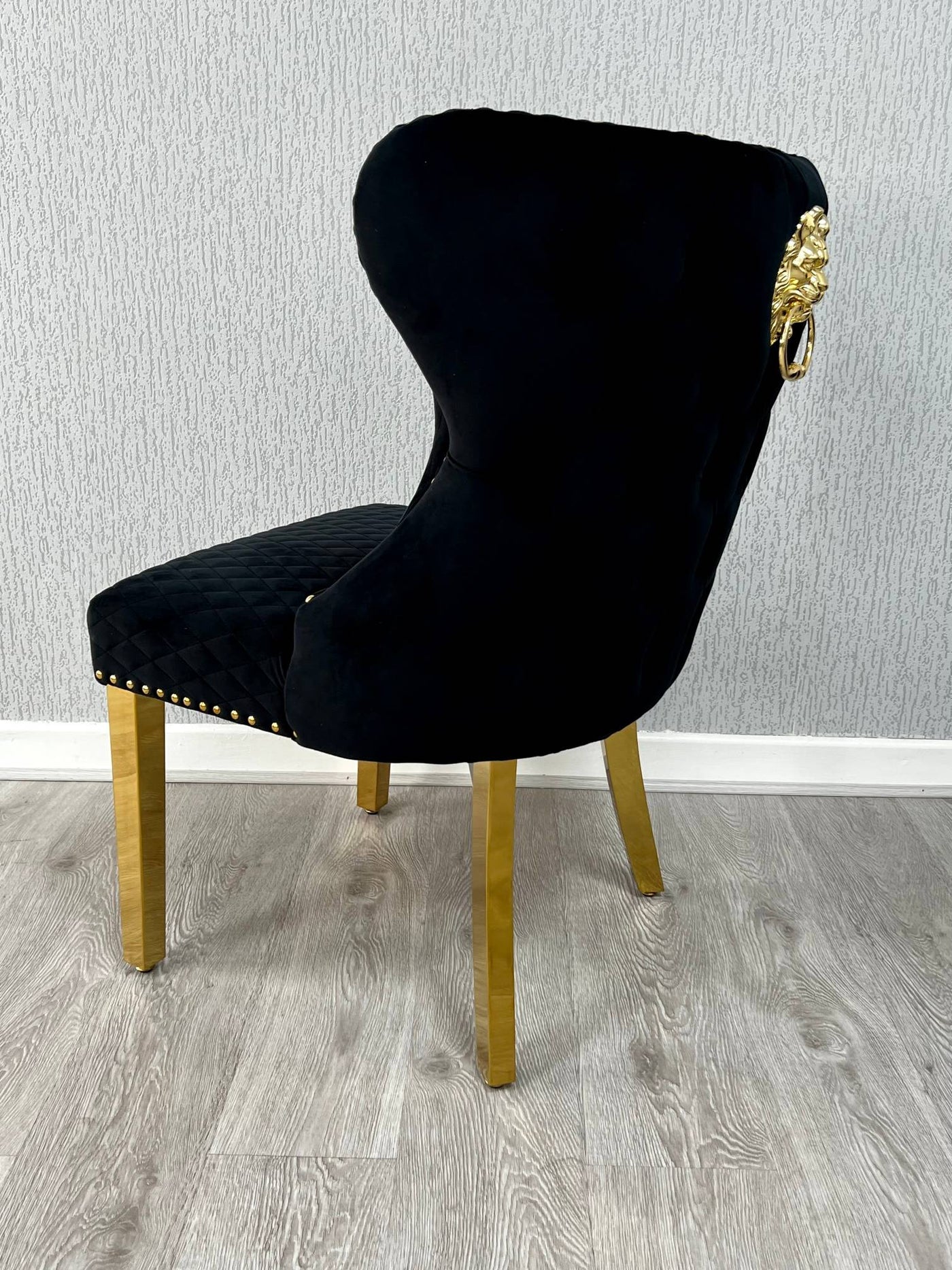 Louis Gold Black Marble Dining Table With Valentino Gold Lion Knocker Dining Chairs