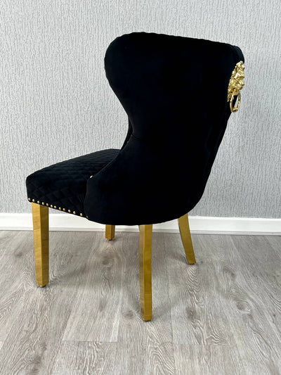 Louis Gold Black Marble Dining Table With Valentino Gold Lion Knocker Dining Chairs