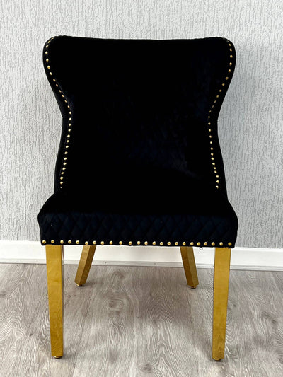 Louis Gold Black Marble Dining Table With Valentino Gold Lion Knocker Dining Chairs