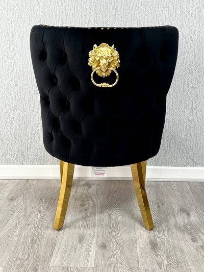 Louis Gold Round Marble 110cm Dining Table With Valentino Gold Lion Knocker Velvet Dining Chairs