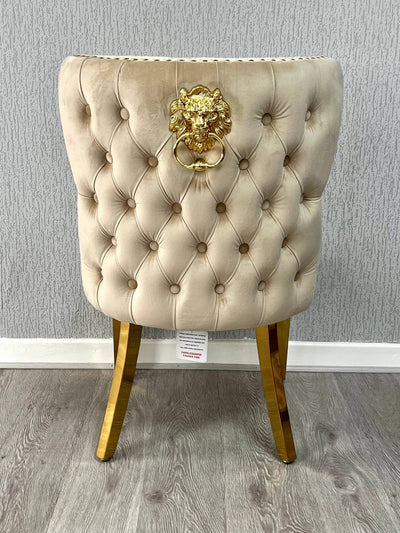 Louis Gold Round Marble 110cm Dining Table With Valentino Gold Lion Knocker Velvet Dining Chairs