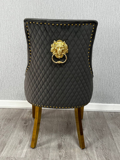 Louis Marble & Gold 130cm Round Dining Table With Quilted Gold Lion Knocker Velvet Chairs