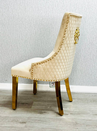 Louis Marble & Gold 130cm Round Dining Table With Quilted Gold Lion Knocker Velvet Chairs