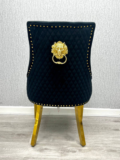 Louis Marble & Gold 130cm Round Dining Table With Quilted Gold Lion Knocker Velvet Chairs