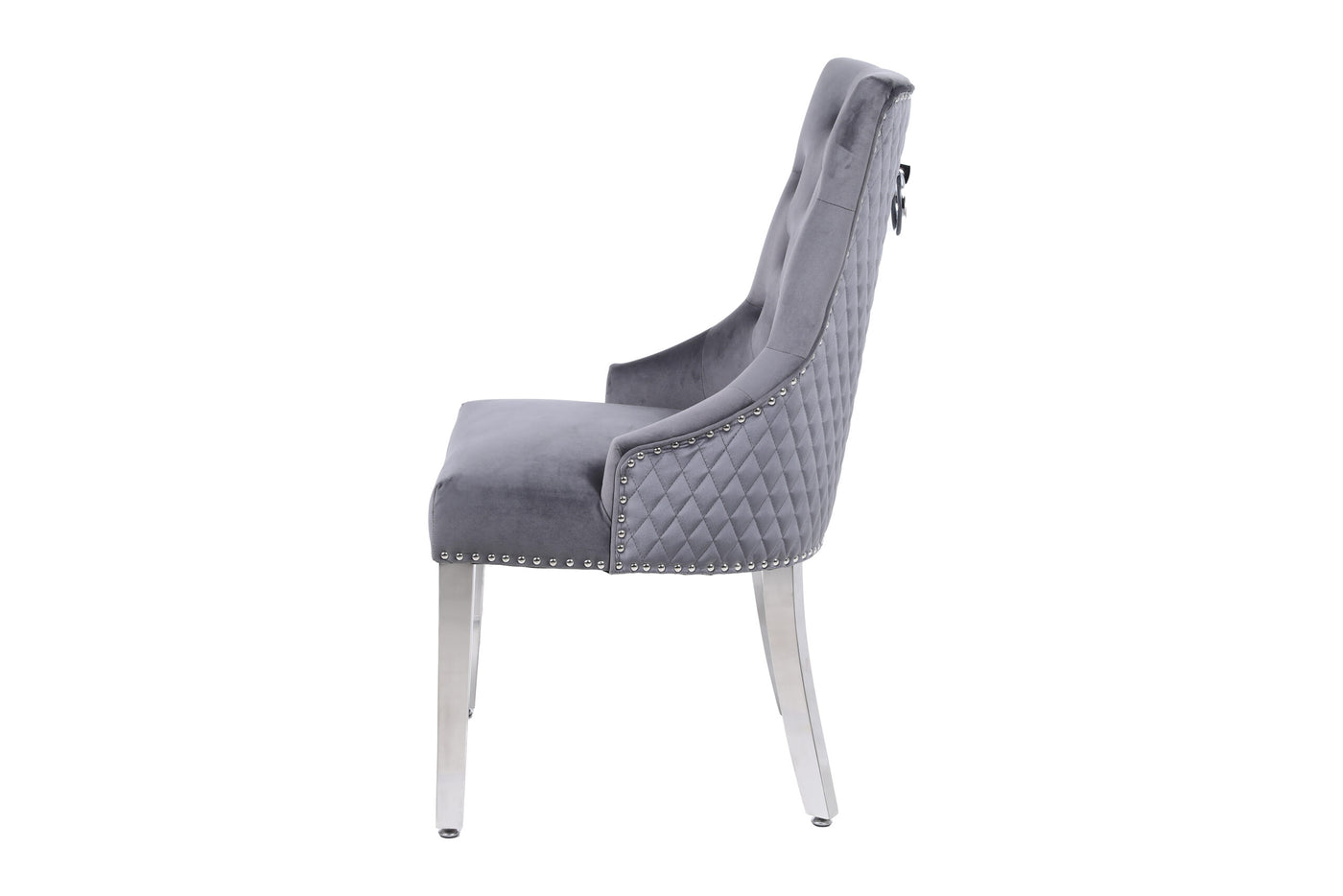 Louis Marble & Chrome Dining Table With Grey Round Quilted Ring Knocker Velvet Chairs
