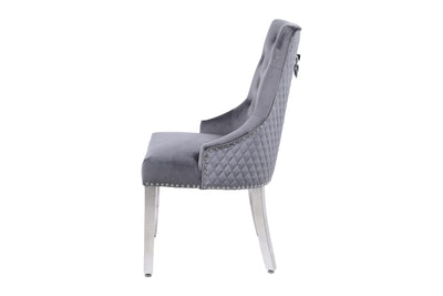Louis Marble & Chrome Dining Table With Grey Round Quilted Ring Knocker Velvet Chairs