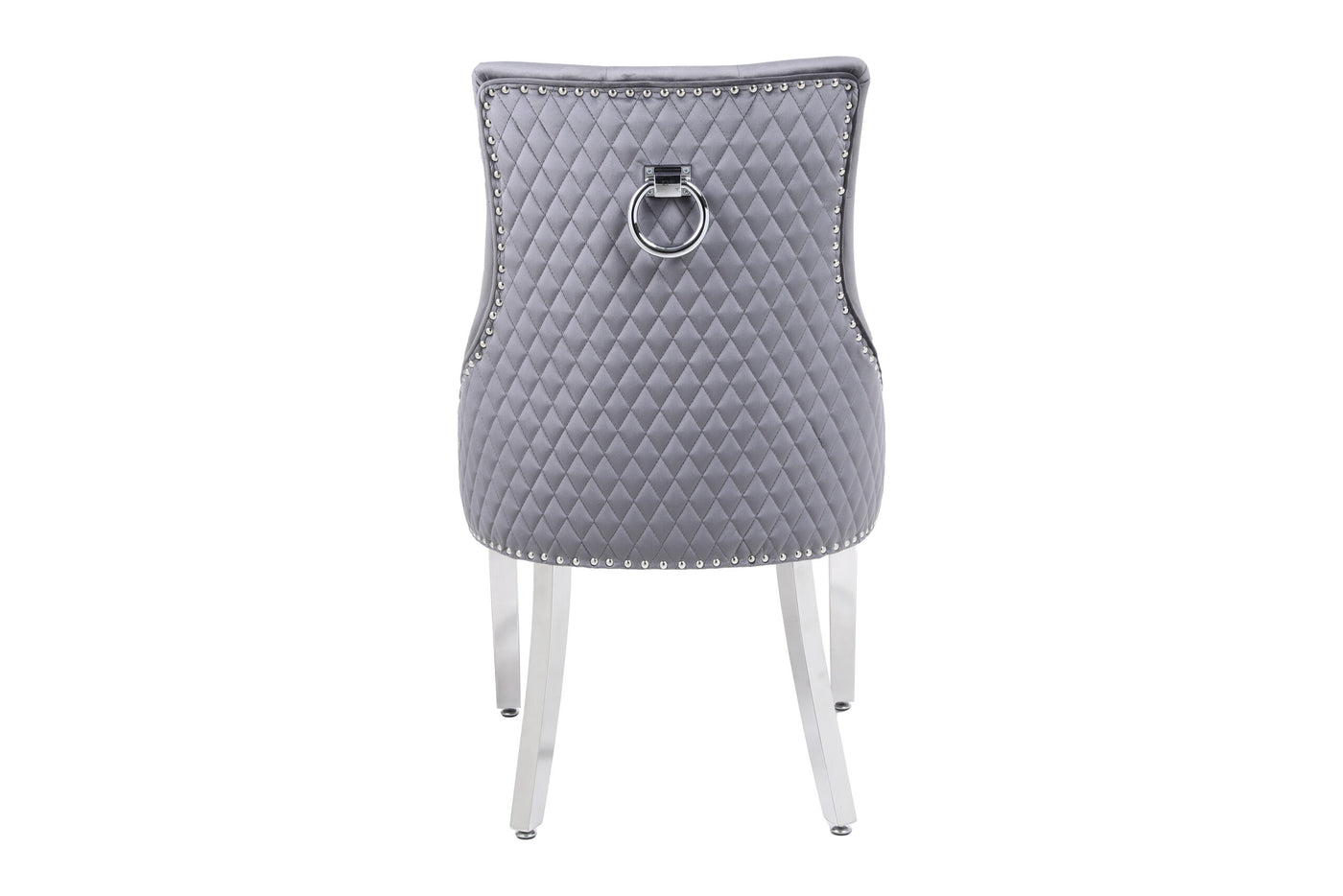 Louis Marble & Chrome Dining Table With Grey Round Quilted Ring Knocker Velvet Chairs