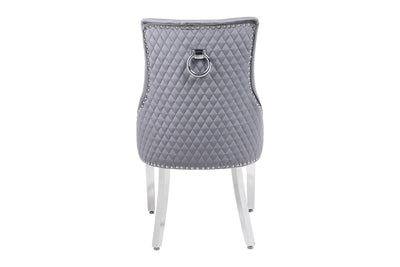 Louis Marble & Chrome Dining Table With Grey Round Quilted Ring Knocker Velvet Chairs