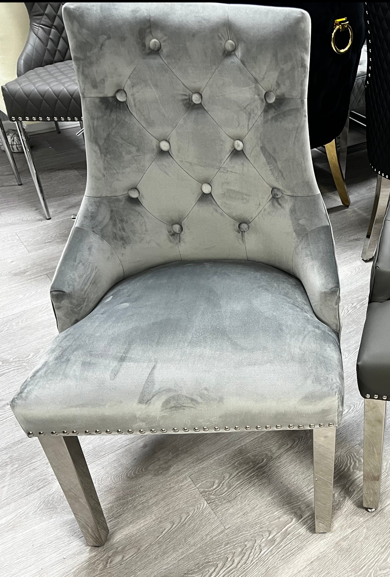 Majestic Lion Knocker Quilted Tufted Plush Velvet Dining Chair Chrome Legs - 8 Colours