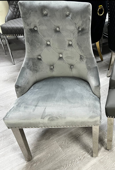 Majestic Lion Knocker Quilted Tufted Plush Velvet Dining Chair Chrome Legs - 8 Colours